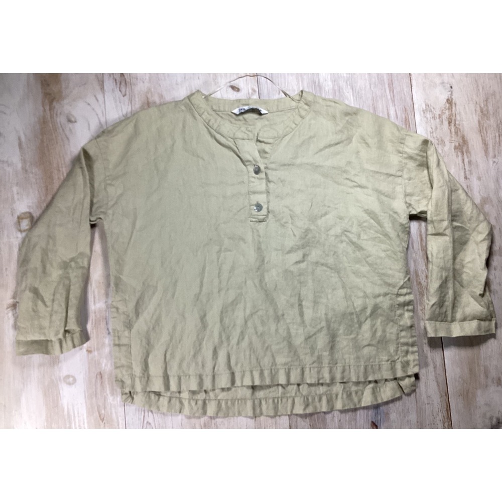 Zara Women Sage Tan Linen Henley Top Long Sleeve Relaxed Fit Small